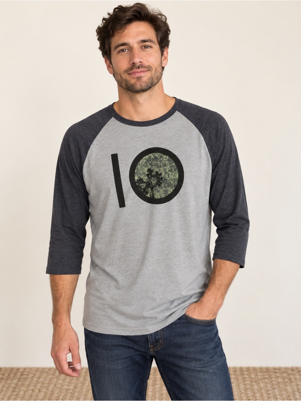 tentree Men’s Tree Graphic Raglan Shirt Grey Charcoal 3/4 Sleeve Size L